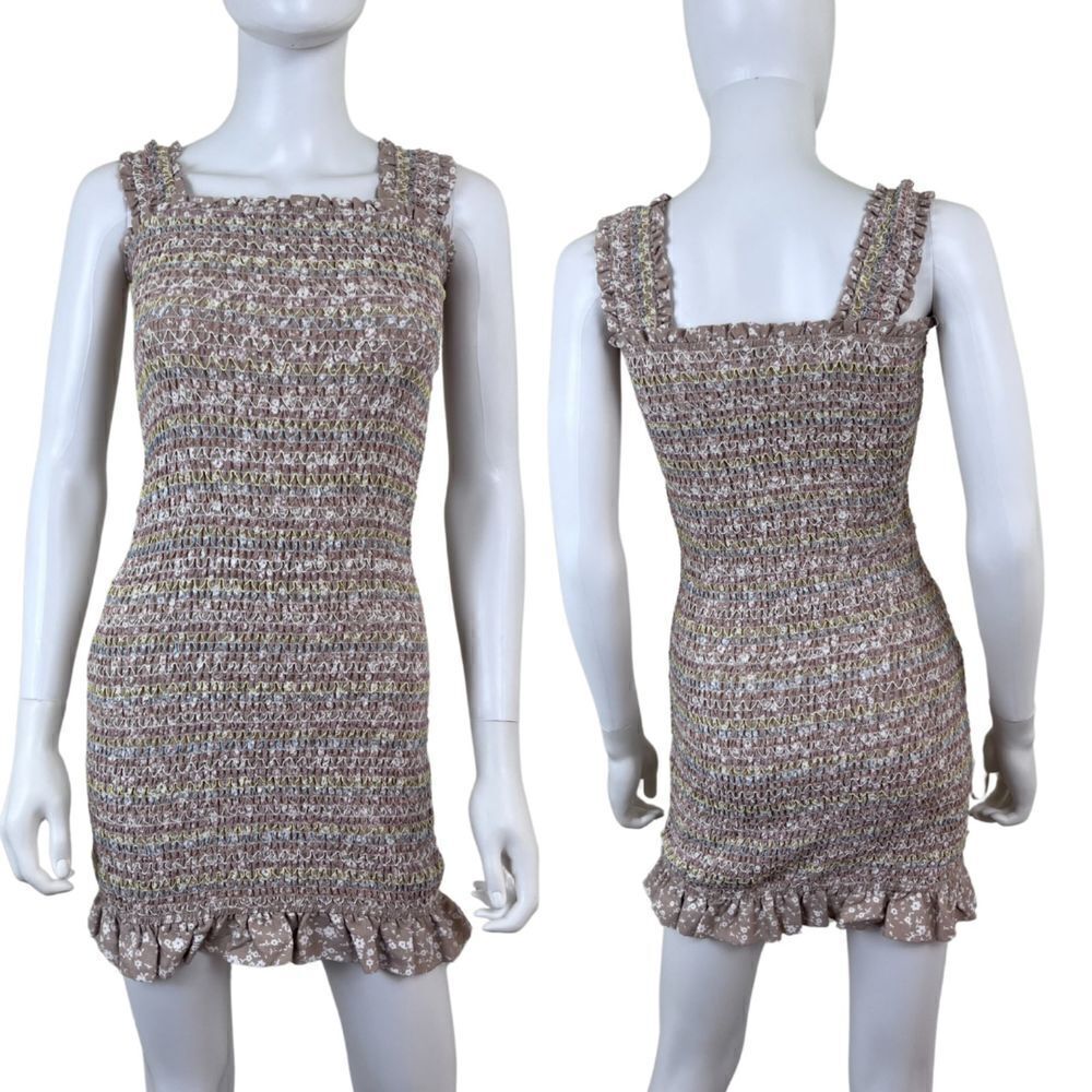 Storia Women Size S Biege Smocked Pullover Floral Bodycon Mini Cotton Dress